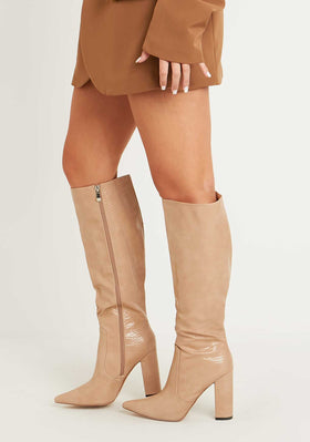 Della Beige Croc Print Knee High Block Heel Boots