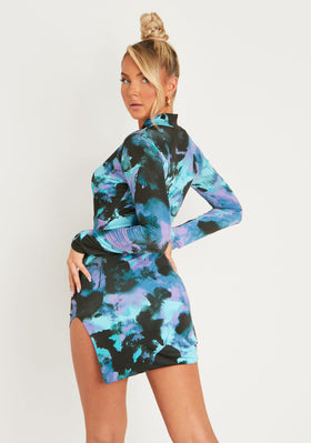 Janelle Blue Abstract Print Slinky Cut Out Split Mini Dress