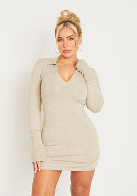 Aleena Stone Knitted Flare Cuff Collared Mini Dress