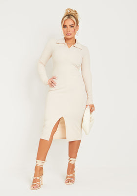 Rhianna Cream Crinkle Rib Long Sleeve Collared Midi Dress