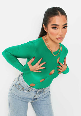 Olivia Green Double Layer Slinky Cut Out Long Sleeve Bodysuit