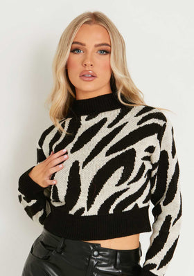 Polly Black And White Swirl Print High Neck Cropped Jumper