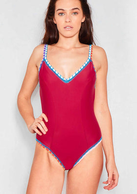 Almon Wine Scoop Neck Back Swimsuit