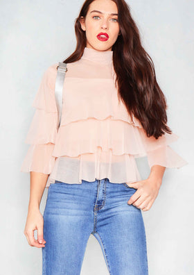 Nia Nude Frill Mesh Bell Sleeve Top