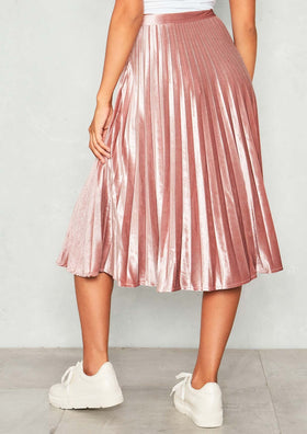 Sue Pink Velvet Pleated Midi Skirt