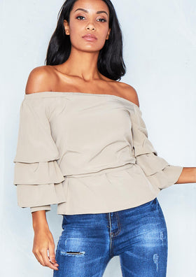 Cecelia Beige Bardot Ruched Sleeve Top