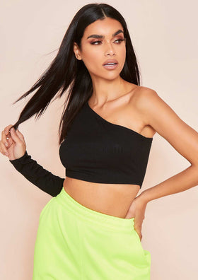 Lottie Black Ribbed One Shoulder Crop Top