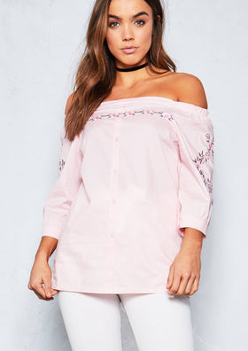 Hermione Pink Embroidered Bardot Shirt top