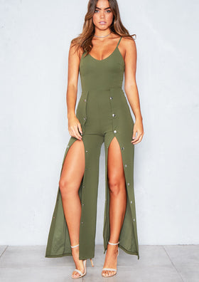 Tanya Khaki Popper Jumpsuit