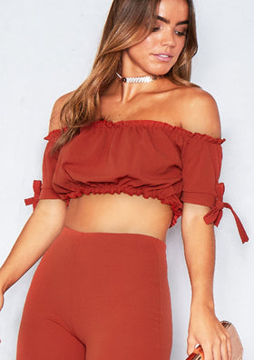 Beatrix Rust Bardot Tie Sleeve Crop Top