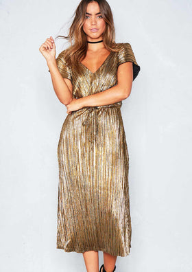 Sia Gold Metallic Pleated Frill Midi Dress