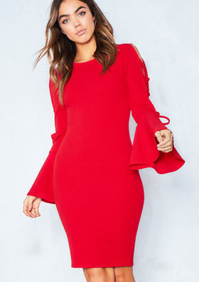 Rocher Red Lattice Bell Sleeve Bodycon Dress