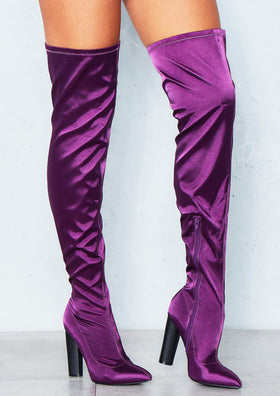Daphne Purple Satin Knee High Heeled Boots