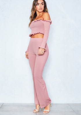 Livvy Pink Ribbed Bardot Frill Trouser Co Ord