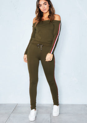 Lorren Khaki Off Shoulder Striped Jumper Loungewear Set