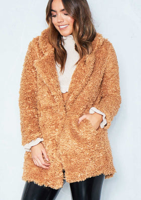 Felicity Camel Teddy Faux Fur Longline Coat