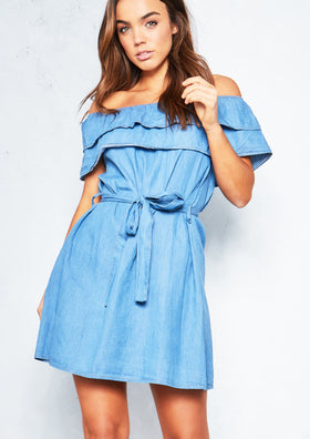 Bernetta Denim Off the Shoulder Frill Swing Dress