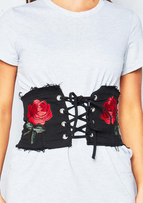 Lara Black Embroidered Frayed Corset Waist Belt