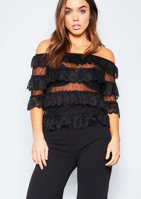 Athena Black Layered Frill Lace Top