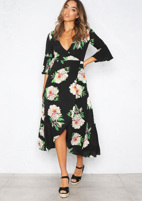 Selena Black Floral Print Wrap Dress