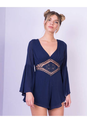 Narina Navy Crochet Bell Sleeve Playsuit