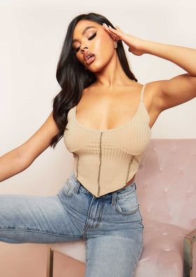 Natalya Nude Rib Contrast Stitch Corset Top