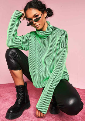 Faye Neon Green Ribbed Knit Roll Neck Jumper