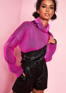 Faye Neon Pink Ribbed Knit Roll Neck Jumper