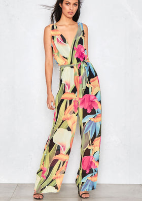 Kerensa Black Floral Plunge Neck Jumpsuit