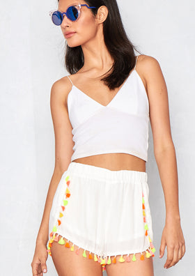Mikko White Neon Pom Pom Tassel Detail Shorts
