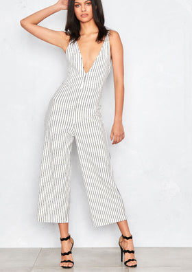 Imani White Plunge Stripped Culotte Jumpsuit
