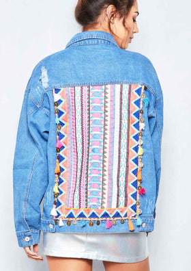 Christiana Denim Aztec Back Distressed Jacket