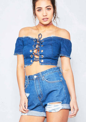 Edlyn Dark Denim Corset Frayed Crop Top