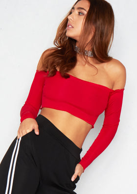 Tyra Red Ribbed Bardot Long Sleeve Top