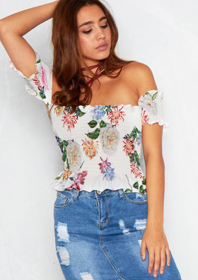 Aylin White Floral Smock Bardot Crop Top
