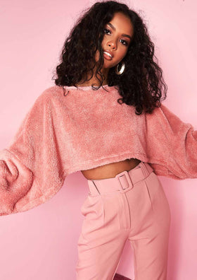 Risa Pink Teddy Faux Fur Cropped Jumper