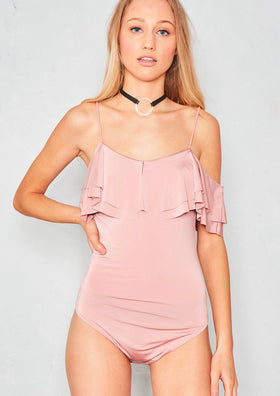 Bethania Nude Off The Shoulder Frill Bodysuit
