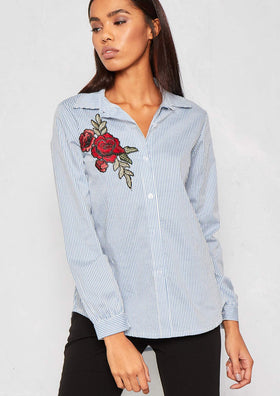 Dannia Cream Pinstripe Rose Badge Shirt