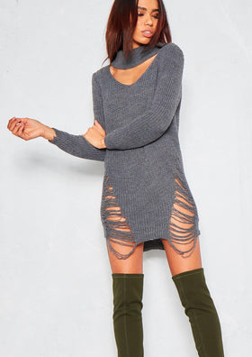 Elana Charcoal Choker Neck Distressed Knit Jumper Dress