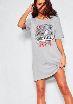 Ozzy Grey Live Fast Rebel Printed T Shirt Dress