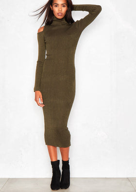 Naomi Khaki Glitter Cold Shoulder Turtle Neck Knitted Midi Dress