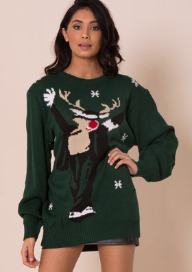 Green Michael Jackson Rudolph Knitted Christmas Jumper