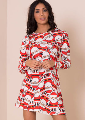 Red Santa Print Christmas Swing Dress