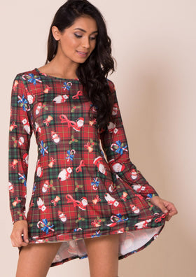 Tartan Santa Candy Cane Print Christmas Swing Dress