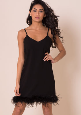 Lexia Black Feather Hem Strappy Mini Dress