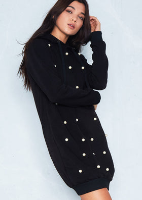 Mila Black Pearl Detail Hooded Jumper Dress