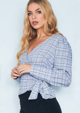Luna Grey Check Wrap Tie Blouse