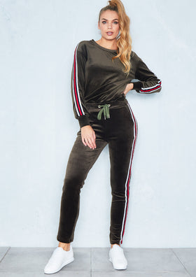 Keisha Khaki Velour Striped Velvet Loungewear Set