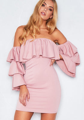 Neisha Pink Frill Bardot Bodycon Dress