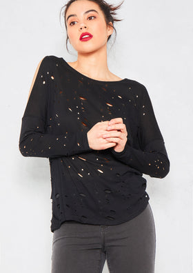 Courtney Black Distressed Cold Shoulder T Shirt